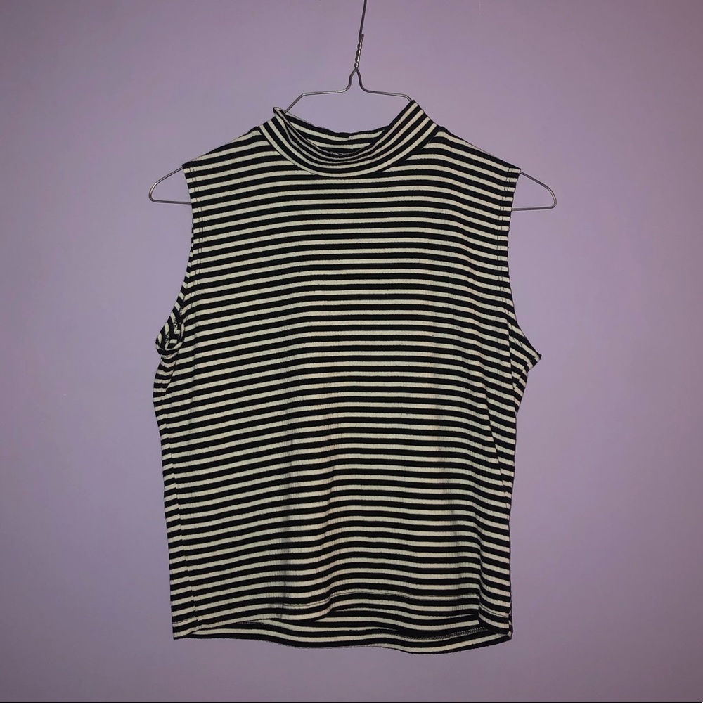 Mock Neck Black & White Striped Tank Top